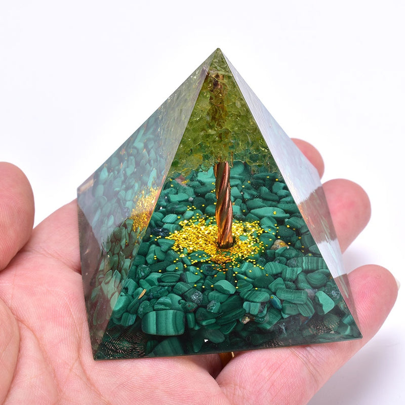 6cm Tree of Life Orgone Pyramid Mold Malachite Peridot Healing Crystal Energy Orgone Pyramid EMF Protection Meditation Tool