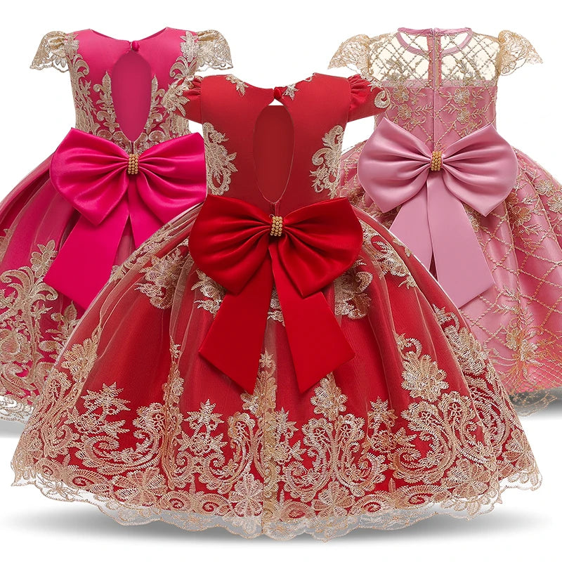 Red Bow Baby Girl Clothes Flower Princess Party Dresses Print Birthday Tutu Dress Luxury Children's Clothing  Christmas Clothes