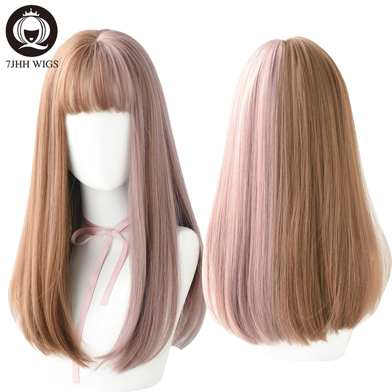 7JHH Long Remy Wig With Bangs Ombre Black Brown Synthetic Lolita Wig For Women High Temperature Wire Heat Resistant Cosplay Wig