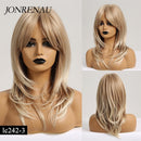 JONRENAU Middle Long Straight Hair with Bangs Ombre Brown to Blonde Wig Dark Roots Synthetic Wigs for Women Heat Resistance Hair