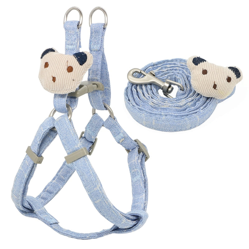 Soft Dog Harness Leash Collar Set Adjustable Cartoons Bear Dog Harness for Small Medium Pets Cat Collar Leash Outdoor Walking