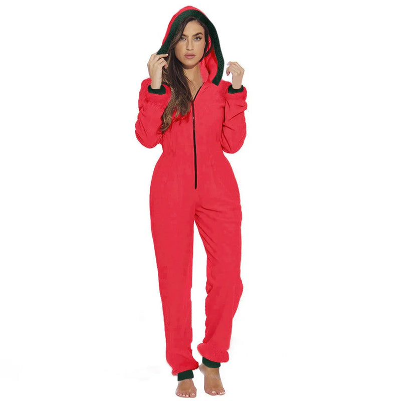 Women Christmas Long Sleeve Hooded Jumpsuits with Zipper Lady Fall Winter Warm Fleece Rompers Festival Holiday Loungewear 2022