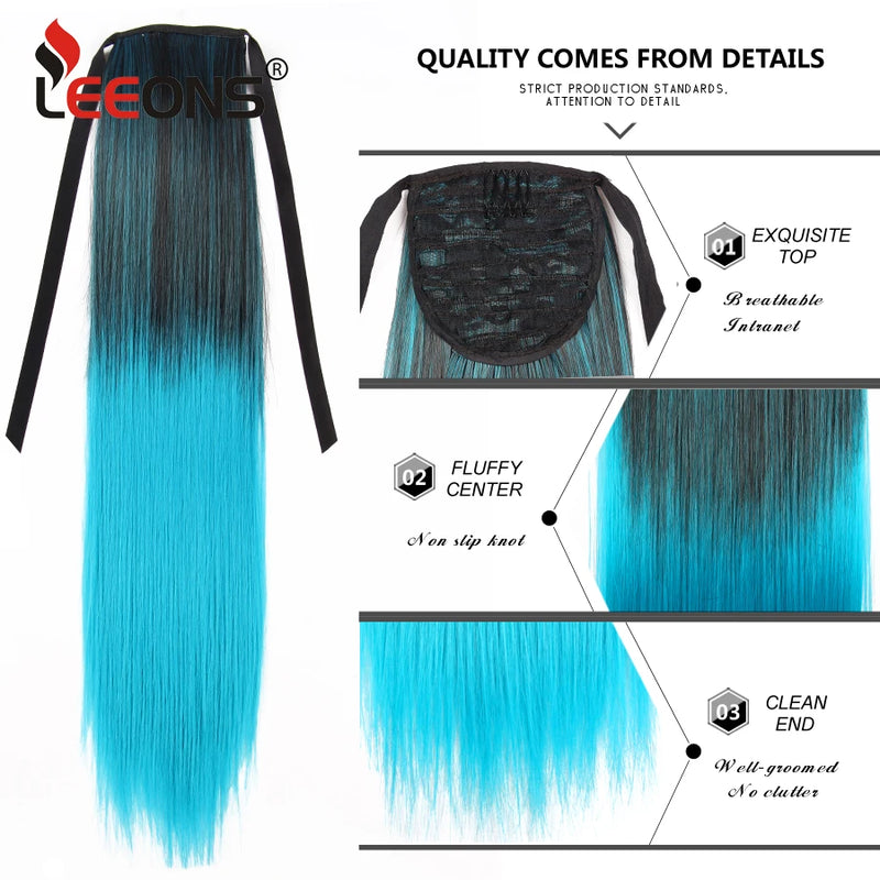 Leeons Synthetic Hair Ponytail Long Straight Around Clip In Ponytail Hair Extension Ombre Blue Hair Cosplay Party Ponytail