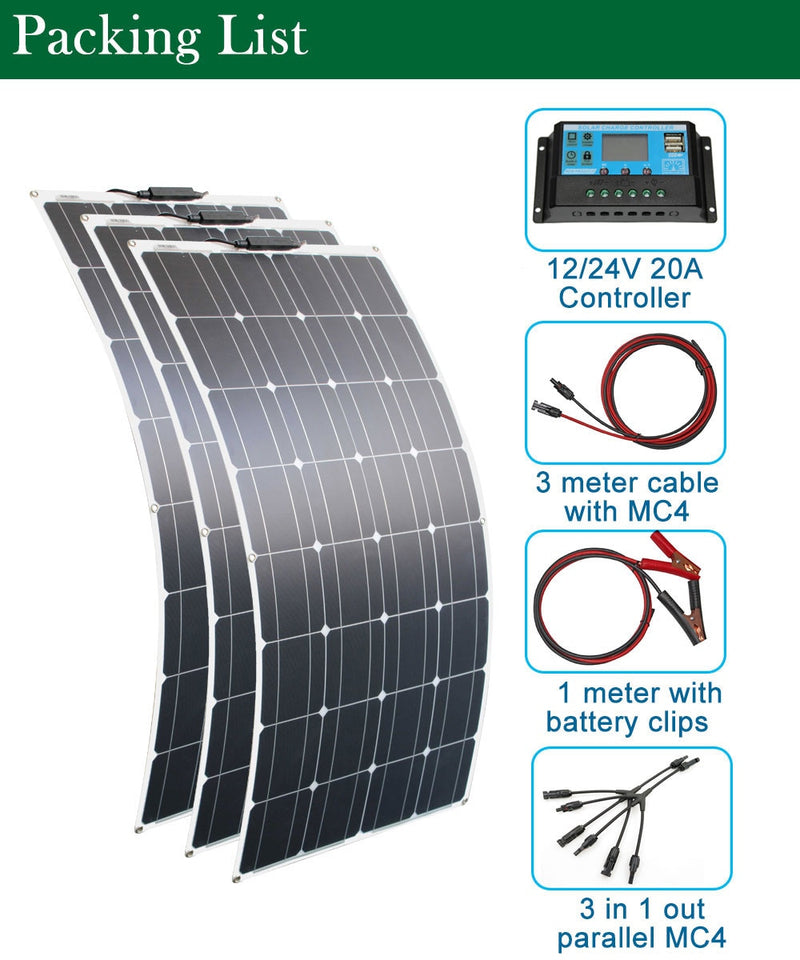 300w solar panel kit 200w 100w 12V 24V monocrystalline flexible solar panels for solar battery charger cell home system kits