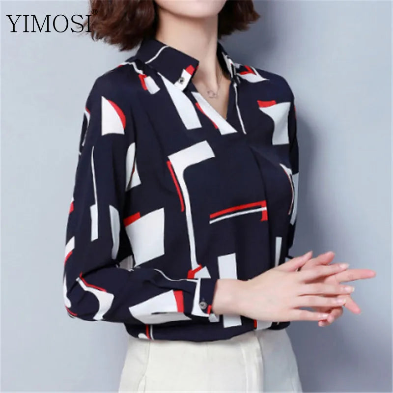 Women Blouse Shirt 2022 Spring Elegant Long Sleeve Print V-Neck Chiffon Blouse Female Work Wear Shirts Tops Plus Size