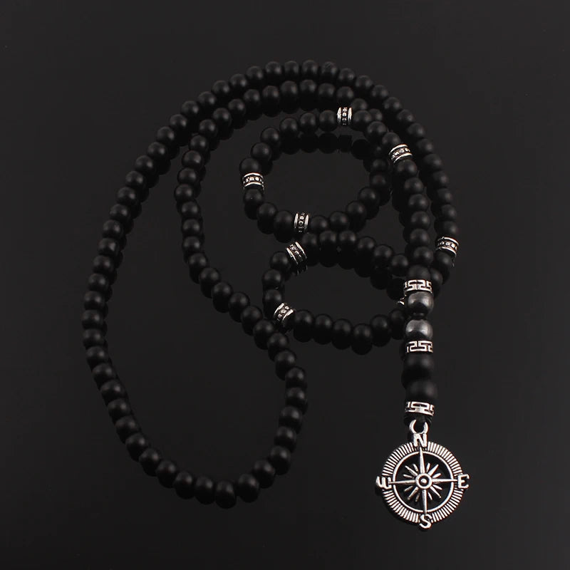 6mm Classic Vintage Black Long Natural Stone Round Beaded Necklace for Men with Compass Pendant Jewelry Gift