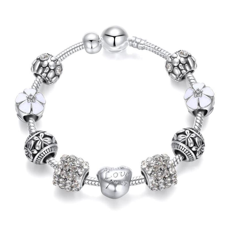 LMNZB NEW Trendy Tibetan Silver Four Leaf Clover Bracelet With Crystal Beads Charm Bracelet Bangle For Women DIY Jewelry