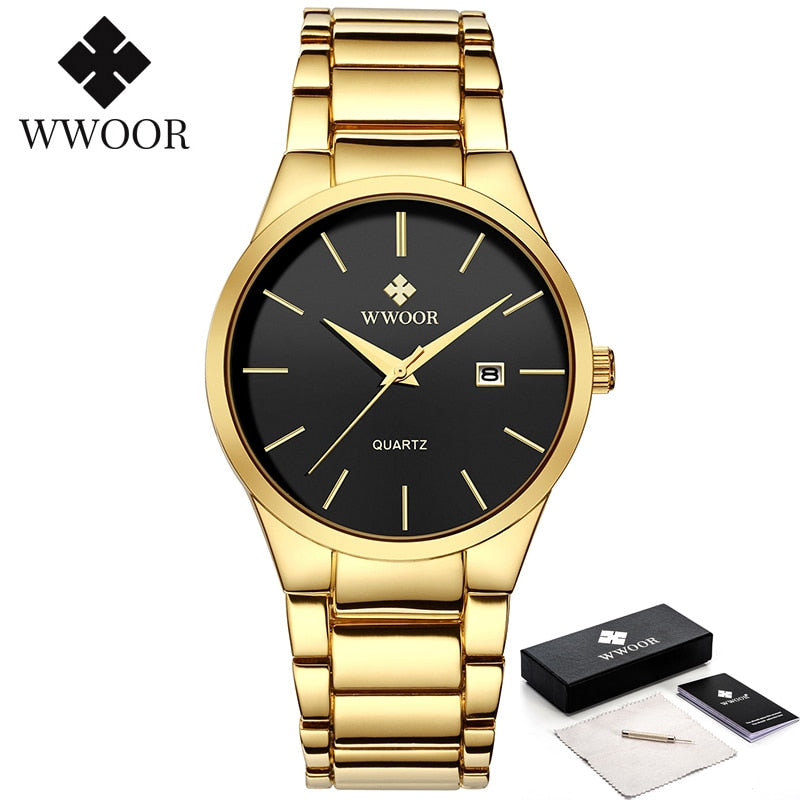 WWOOR Luxury Watch Men Business Sports Mens Quartz Wristwatches Gold Stainless Steel Waterproof Automatic Date Relogio Masculino