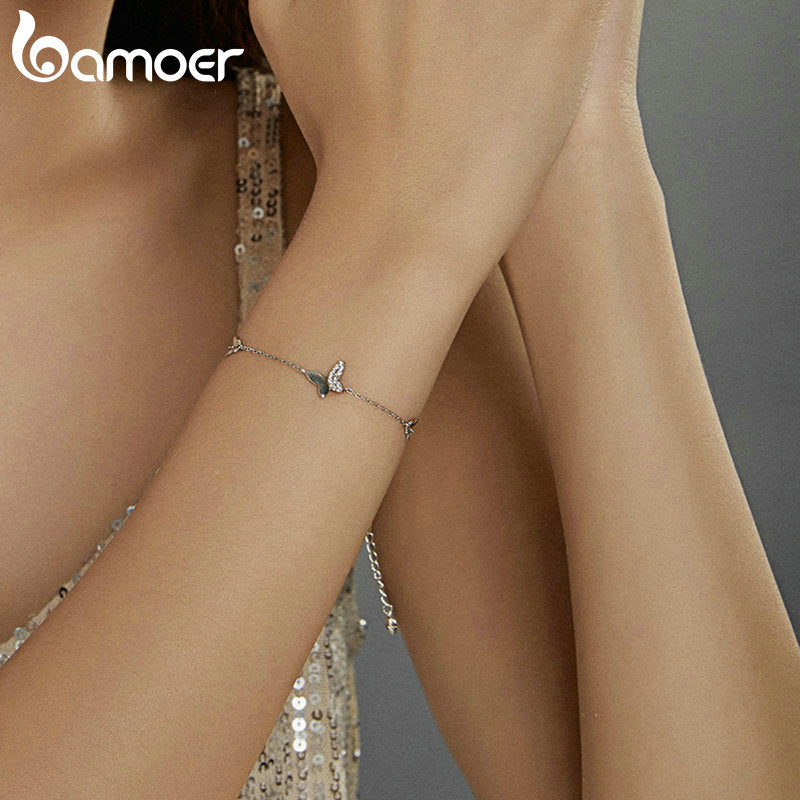 Bamoer Sterling Silver 925 Flying Butterfly Bracelet Lobster Clasp Chain for Women Fashion OOTD Silver Jewelry Gift SCB197