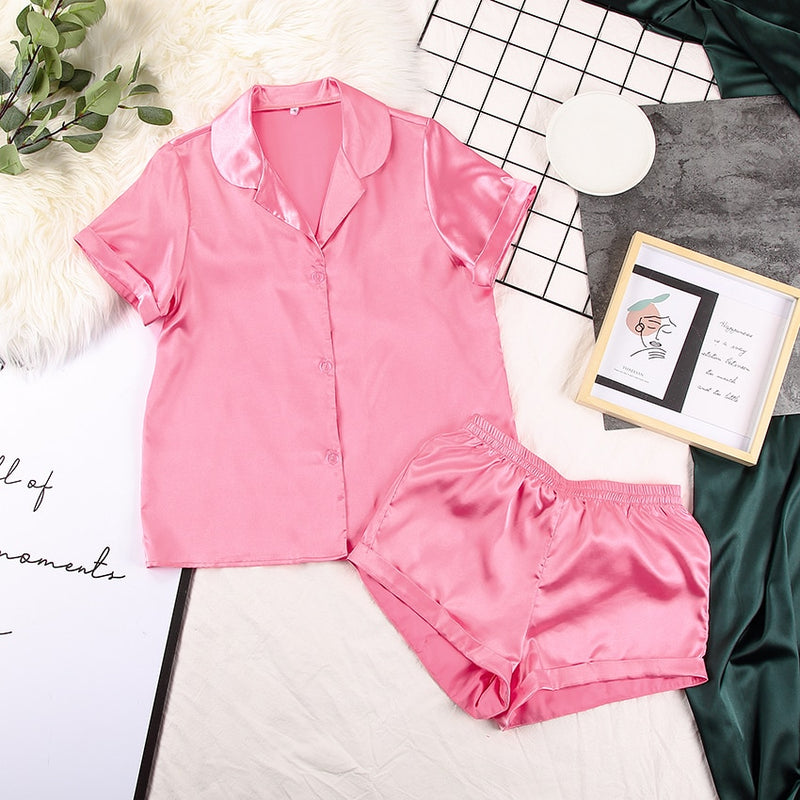 Suphis 5 Colors Satin Nightshirt With Shorts Nightwear Suit Silk Pyjama Short Sleeve Casual Pajama Sets Women Sleepwear Summer