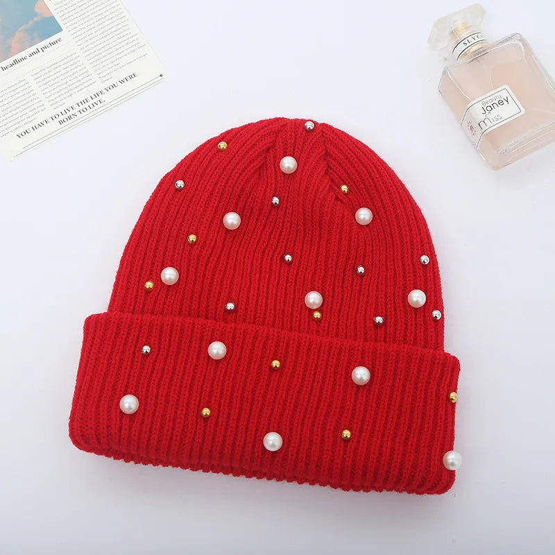 Winter Knitted Beanie Women Fashion Rhinestone Pearls Knitting Hats Ladies Casual Skullies Cap Female Solid Color Casual Bone