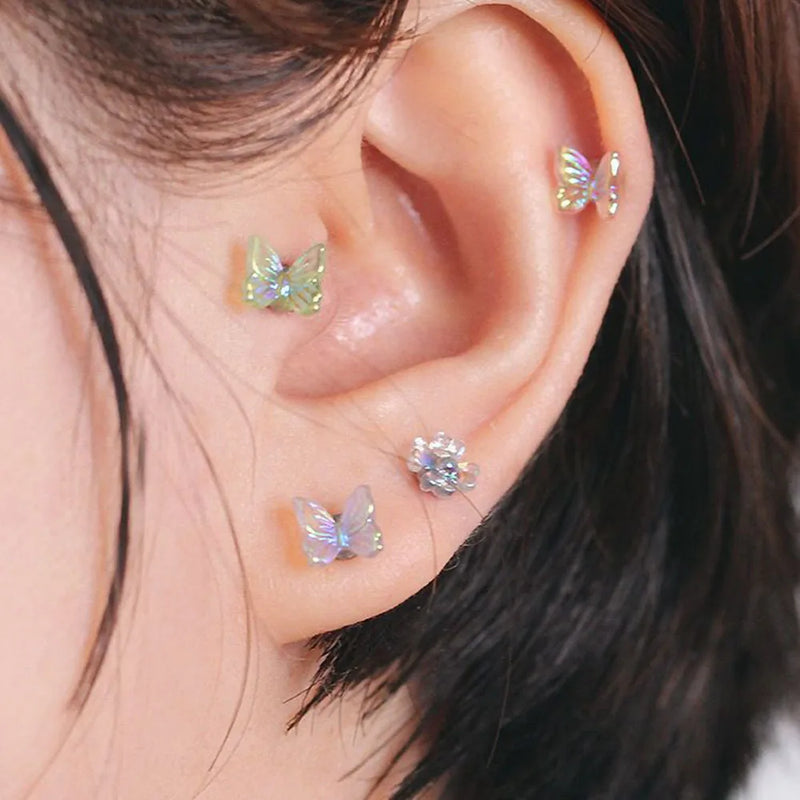 1PC Titanium Steel Butterfly Stud Earrings For Women Acrylic Surgical Steel Screw Piercing Tragus Helix Earring Jewelry Sets