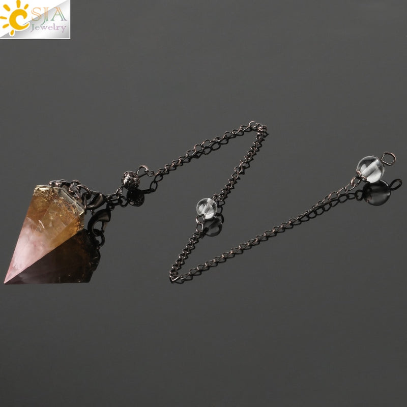 CSJA Reiki Natural Chip Stone Pendulum Antique Copper Chain Hexagon Cone Resin Pendant for Dowsing Divination Wicca Pendule G321