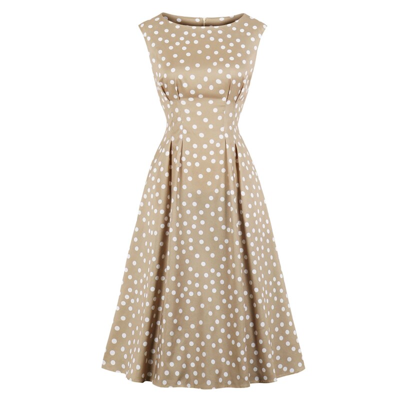 Tonval Khaki Color High Waist Elegant Polka Dot Women Vintage Long Dress Sleeveless Pocket Side Ladies Midi Dresses Retro