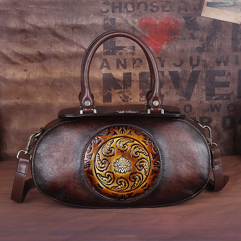 Johnature 2022 New Genuine Leather Women Bag Retro Embossed Chinese Style Handbag Soft Cowhide Luxury Shoulder &amp; Crossbody Bags