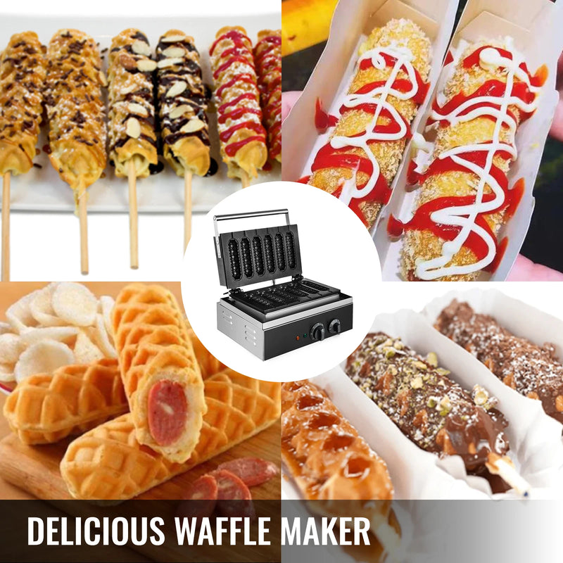 VEVOR 6PCS Electric Waffle Sausage Maker Non-Stick Lolly Stick Muffin Crispy French Corn Hot Dog Machine Kitchen Home appliance