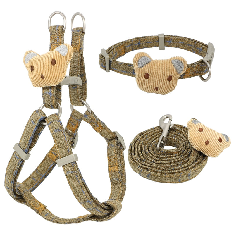 Soft Dog Harness Leash Collar Set Adjustable Cartoons Bear Dog Harness for Small Medium Pets Cat Collar Leash Outdoor Walking