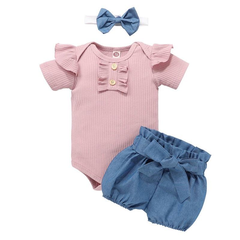 Newborn Baby Girls Outfits Clothes Cotton Solid Romper Jumpsuit + Denim Shorts+Headband Sweet Set Summer New23