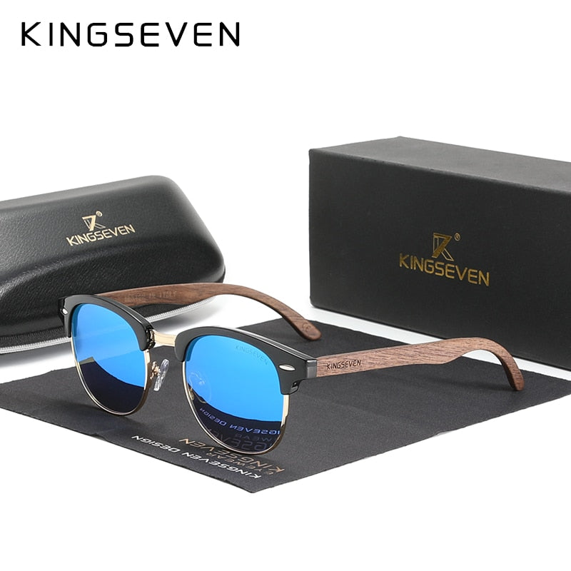 KINGSEVEN Handmade 2022 Black Walnut Wooden Sunglasses Men Polarized UV400 Protection Semi-Rimless Retro Eyewear Women Oculos