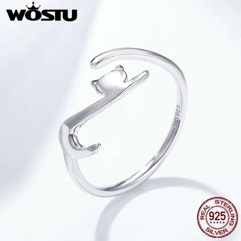 WOSTU 925 Sterling Silver Sticky Cat with Long Tail Finger Ring For Women Adjustable S925 Silver Ring Jewelry Gift CQR220