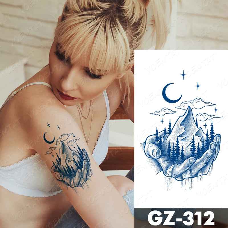 Juice Lasting Ink Tattoos Body Art Waterproof Temporary Tattoo Stickers Mountain Forest Tatoo Arm Fake Sky Whale Sea Tatto Women