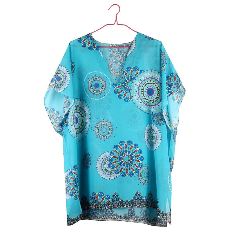 Vintage Lace Up V Neck Beach Dress Hollow Beach Cover Up Chiffon Women's Tunic Blue Printed Flower Summer Beachwear For Women