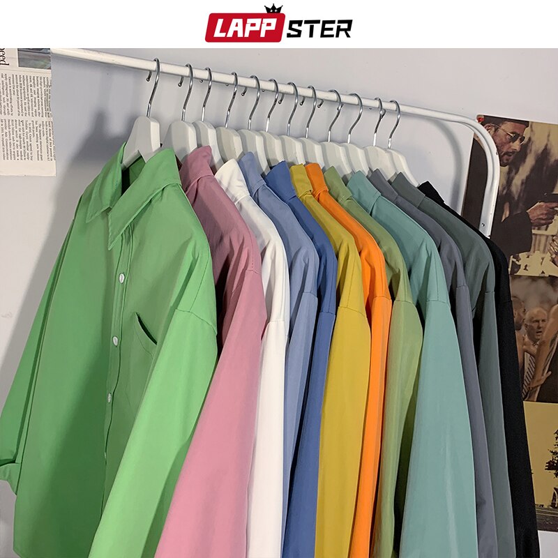 LAPPSTER Men Colorful Pocket Korean Shirts 2023 Autumn Long Sleeve Shirts For Men Harajuku Fashions Plus Size Oversized Clothing