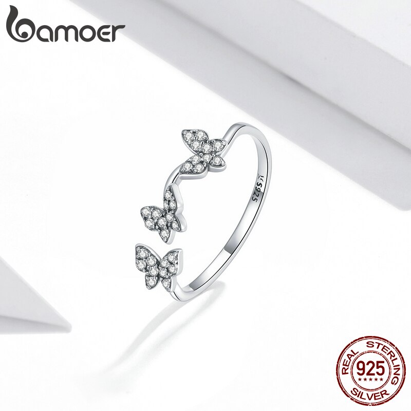 bamoer Adjustable Budding Silver Ring 100% 925 Stelring Silver Enamel Flower Finger Rings for Women Free Size Gift SCR704