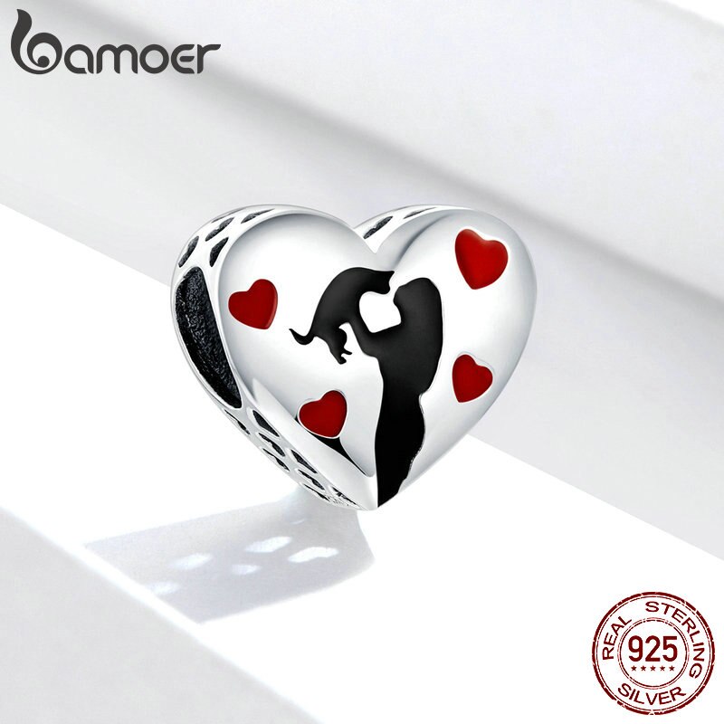 bamoer 925 Sterling Silver Heart Shape Charm for Original Snake 3mm Bracelet Black Enamel and Heart Metal Beads SCC1508