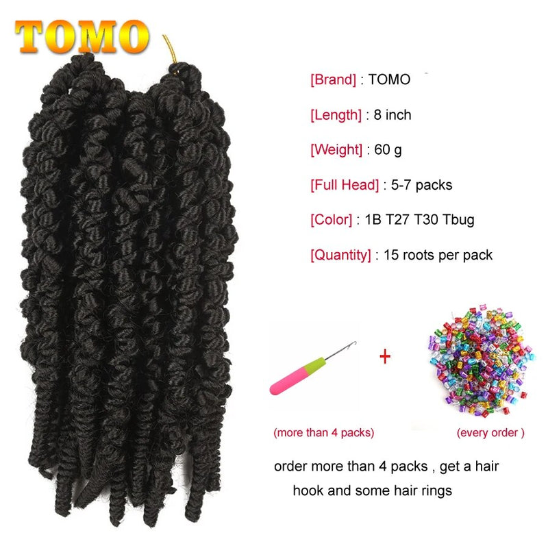 TOMO Pre-twisted Passion Twist Crochet Hair 8 Inch Ombre Synthetic Bomb Twist Braids Short Wavy Curly Spring Twist Crochet Hair