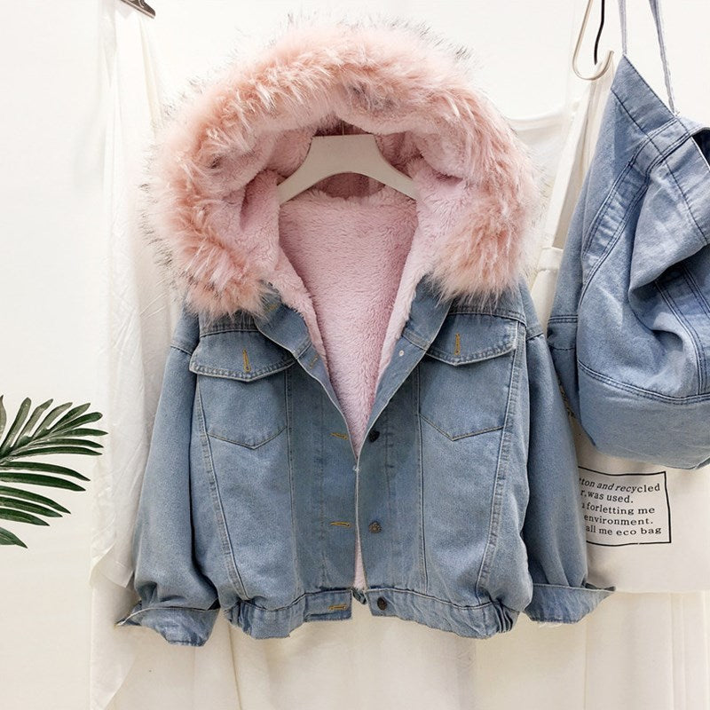 2019 velvet thick denim jacket female winter big faux fur collar Korea denim  coat female student short coat