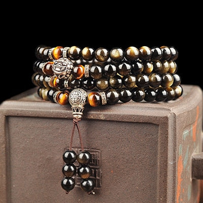 Men Bracelet Natural Golden Black Obsidian Bead Tibetan Silver Pixiu Bracelet Yellow Tiger Stone Bracelets Men Jewelry