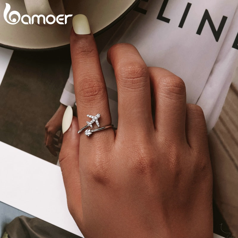 bamoer Genuine 925 Sterling Silver Flying Plane Open Finger Rings for Women Clear CZ Adjustable Rings Fine Jewelry Bijoux SCR623