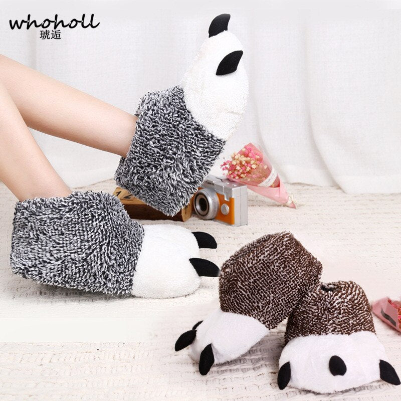 WHOHOLL Winter Warm man women Home slippers Animal panda Paw Plush Slippers female Thermal Soft Cotton indoor house shoes