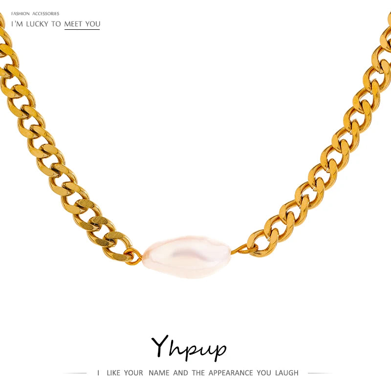 Yhpup Stainless Steel Natural Pearl Necklace Luxury Jewelry Real Golden Texture for Women Charm Metal цепочка на шею женская