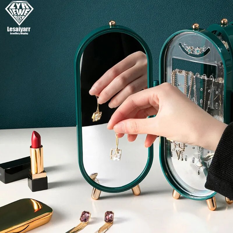 2021 New Jewelry Box Organizer 4 Fan Storage Case Necklace Earrings Ring Mirror Display Desktop Jewel Holder Plastic Large