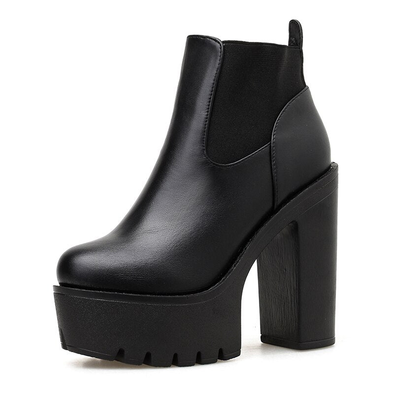 Gdgydh – bottes en cuir noir pour femmes, chaussures à talons hauts et plate-forme, modèle de fête, printemps-automne, couleur unie