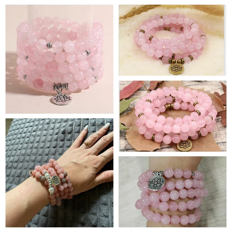 Natural Stone Bracelet Women 108 Mala Yoga Necklace Pink Chalcedony beads Bracelets for Women Fashion Meditation Jewelry 2023