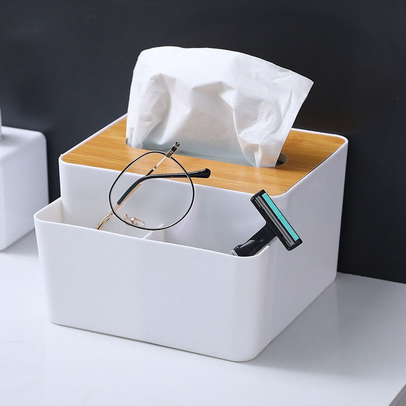 Multifunctional Bamboo Cover Tissue Box Creative Desktop Pumping Box Household Living Room Simple Plastic Napkin Storage Box