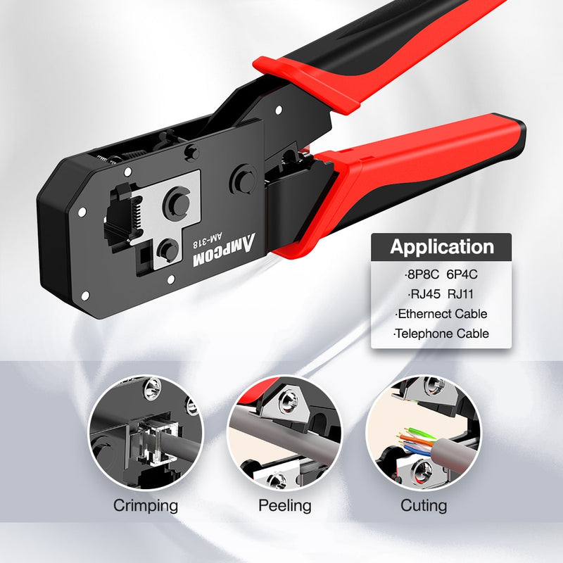 AMPCOM RJ45 Crimping Tool Ethernet Network LAN Cable Crimper Cutter Stripper Plier 8P RJ45 6P RJ12 RJ11 for Modular Connector