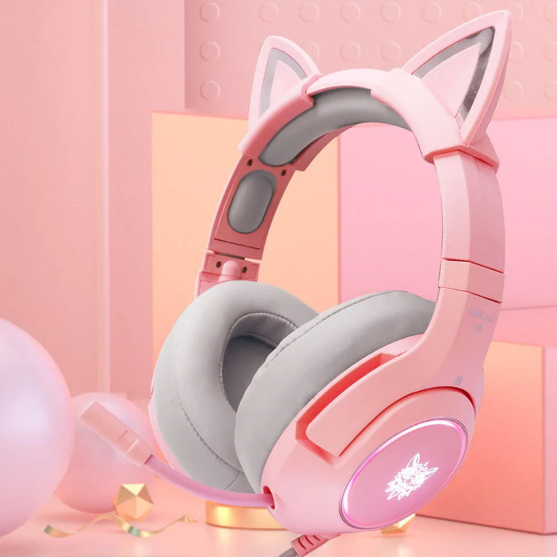Gaming Headset With Microphone, Demon Cute Cat Ear Noise Reduction Headphones Pink/Black 7.1 For PC Switch PS4 New Xbox