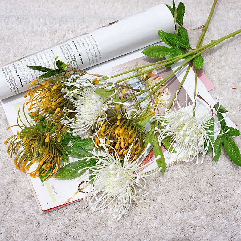 White Leucospermum Artificial Flowers Long Branch Fake Flower Plastic Flowers for Wedding Decoration Garden Outdoor High Quality