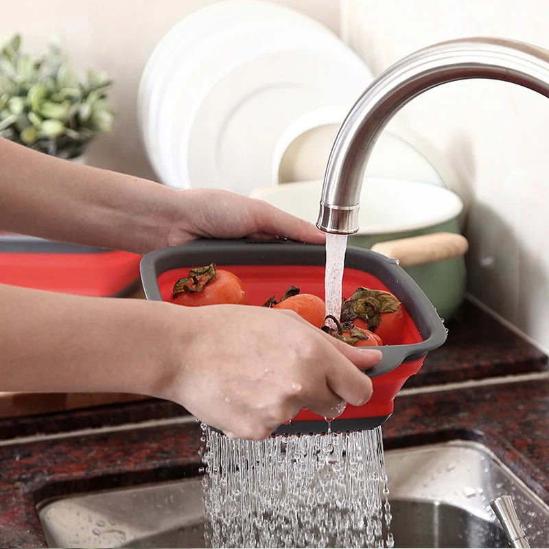 Silicone Foldable Drain Basket Colander Fruit Vegetable Washing Basket Strainer Drainer With Handle Kitchen Storage Tools