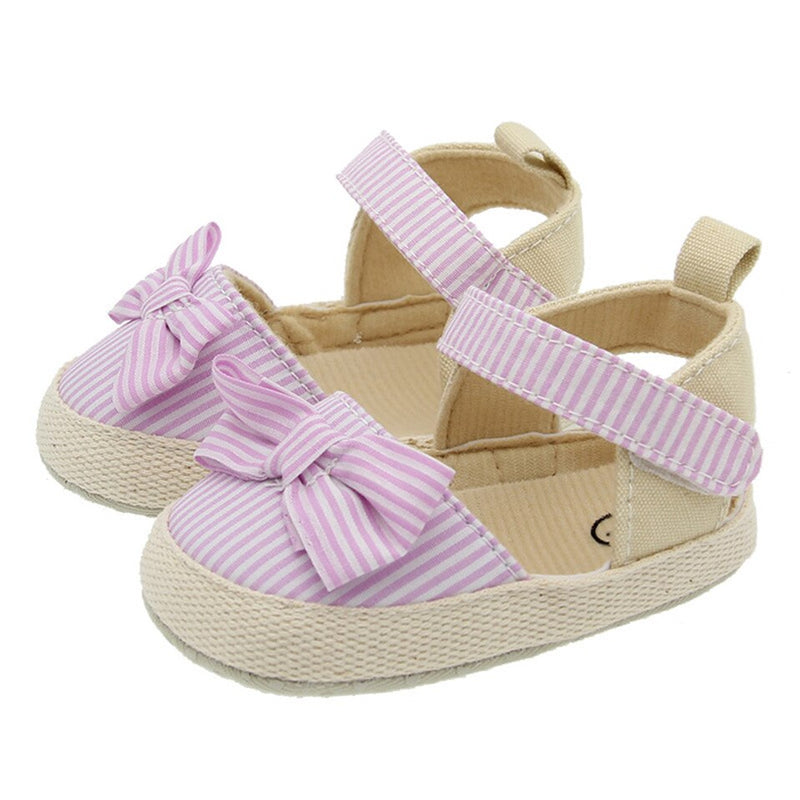 2023 Children Summer Shoes Newborn Infant Baby Girl Soft Crib Shoes Infants Anti-slip Sneaker Striped Bow Prewalker 0-18M