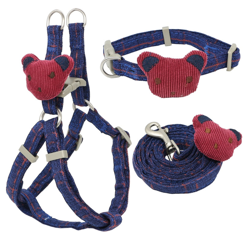 Soft Dog Harness Leash Collar Set Adjustable Cartoons Bear Dog Harness for Small Medium Pets Cat Collar Leash Outdoor Walking