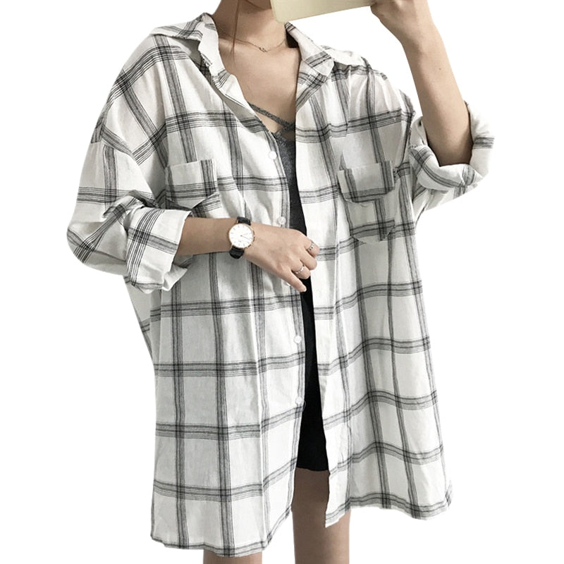 New Summer Long Loose Falling Shoulder Long Sleeve Lapel Plaid Pocket Shirt Women