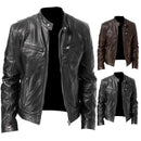 Autumn Winter Men Stand Collar Zipper Faux Leather Motorcycle Jacket Short Coat