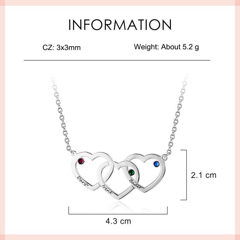 Personalized Intertwined Hearts Necklace with 3 Birthstones Customized Name Engraved Pendant Jewelry (JewelOra NE102402)