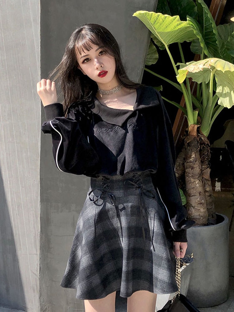 Gothic Women Skirts Fashion Autumn Winter Plaid Woolen Skirt Female High Waist Lace Up Mini Thick Warm Girls Saia 2023