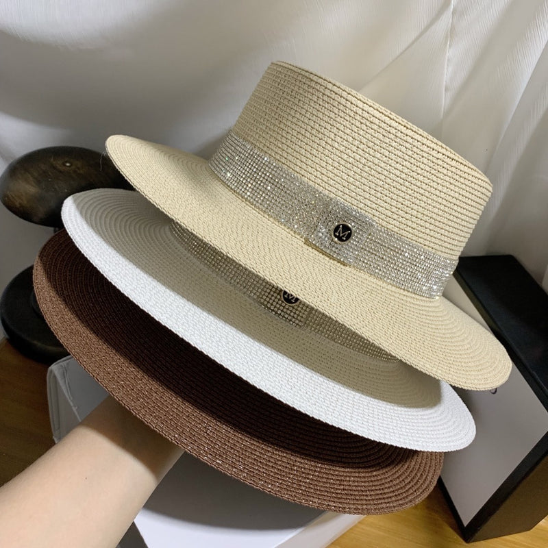 Sun Hat Artificial Diamond Belt Straw Hat Retro Gold Braided Hat Female Loose Sunscreen Sunshade Flat Cap Visors Hats Church Hat